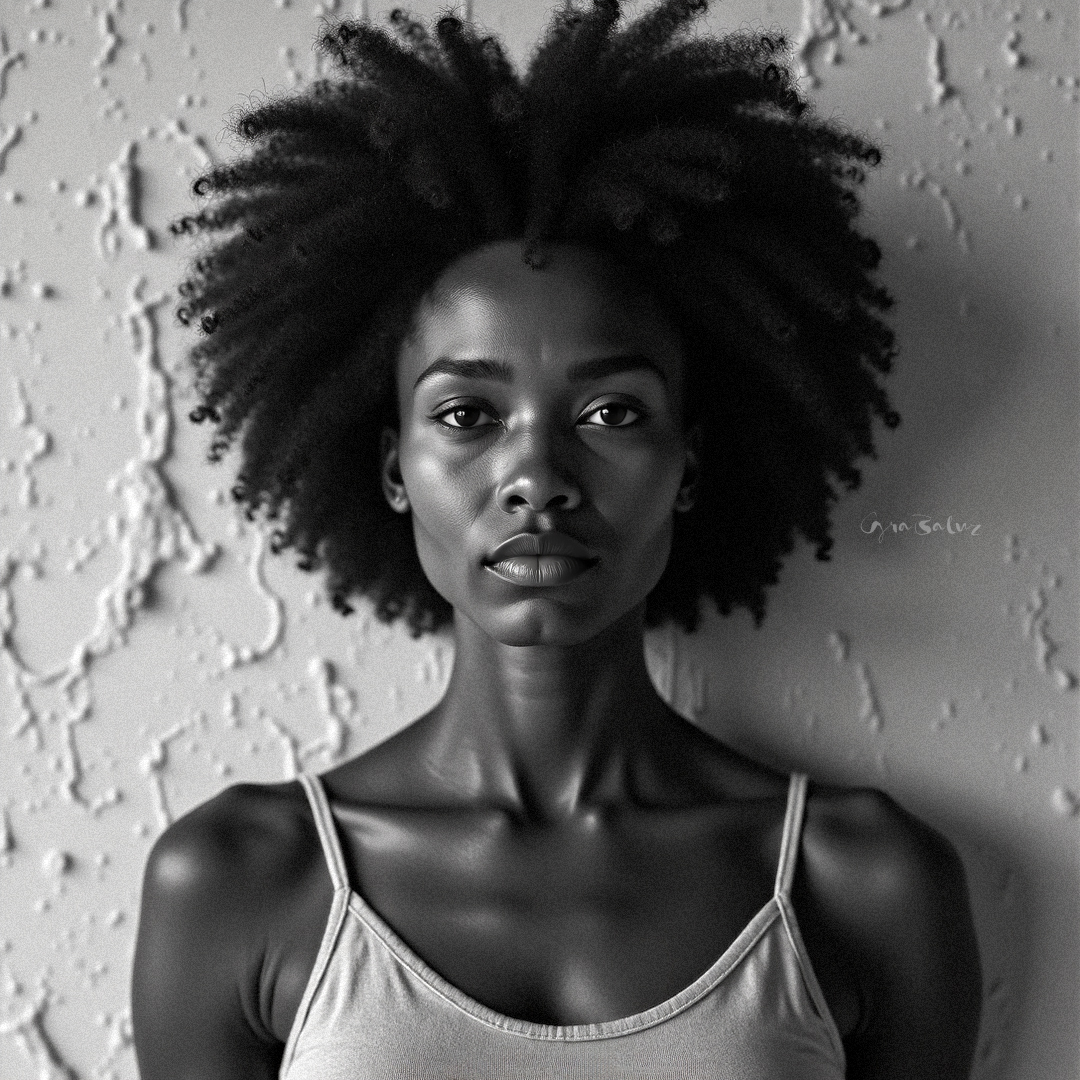 Black-and-white portrait of a woman with natural curly hair, wearing a light tank top, facing the camera against a textured wall.