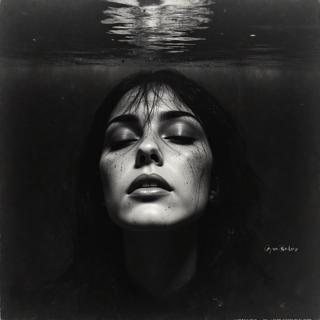 Black-and-white portrait of a woman underwater, eyes closed, head tilted upward with a water surface visible at the top.