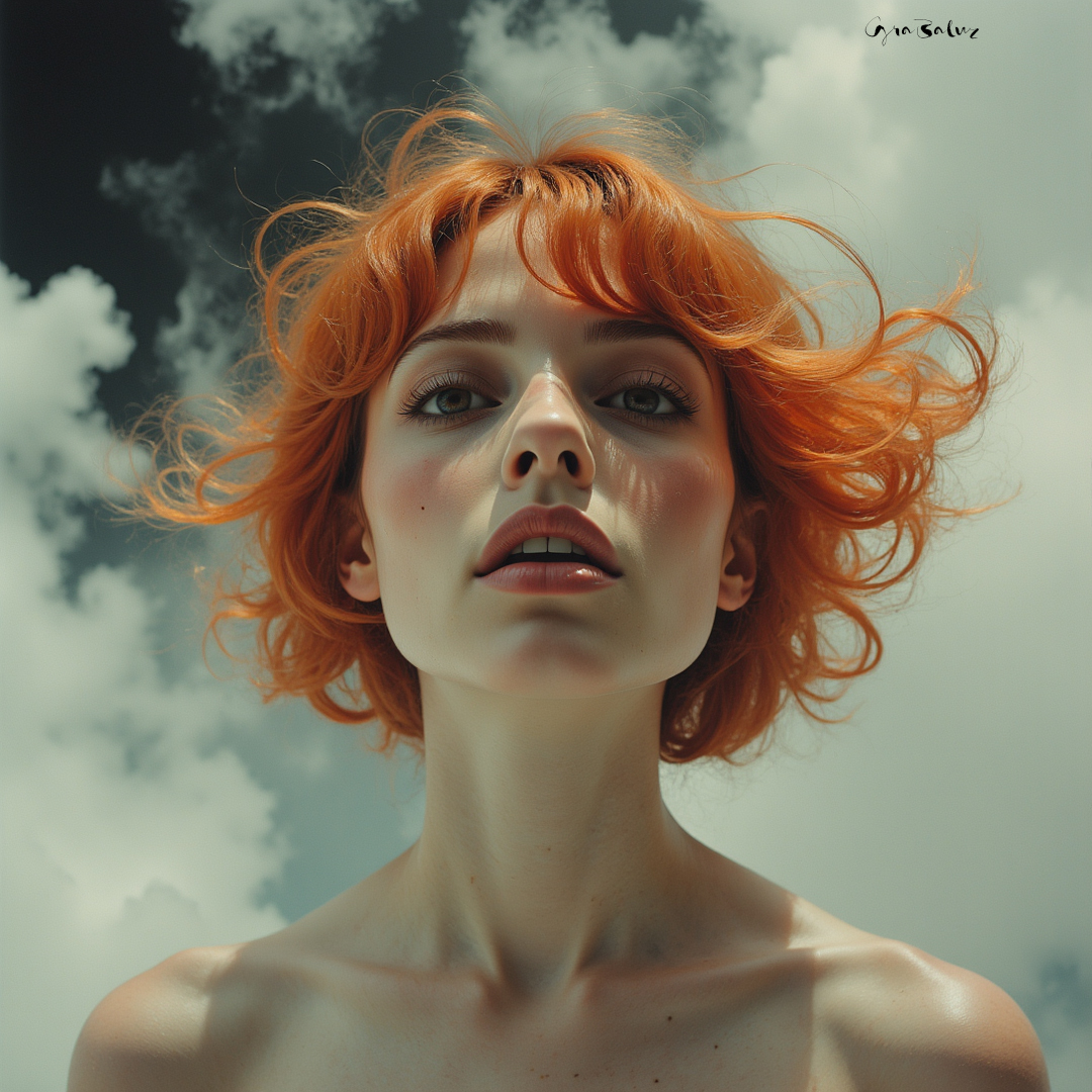 Portrait of a young woman with orange hair looking up at the camera against a cloudy sky.